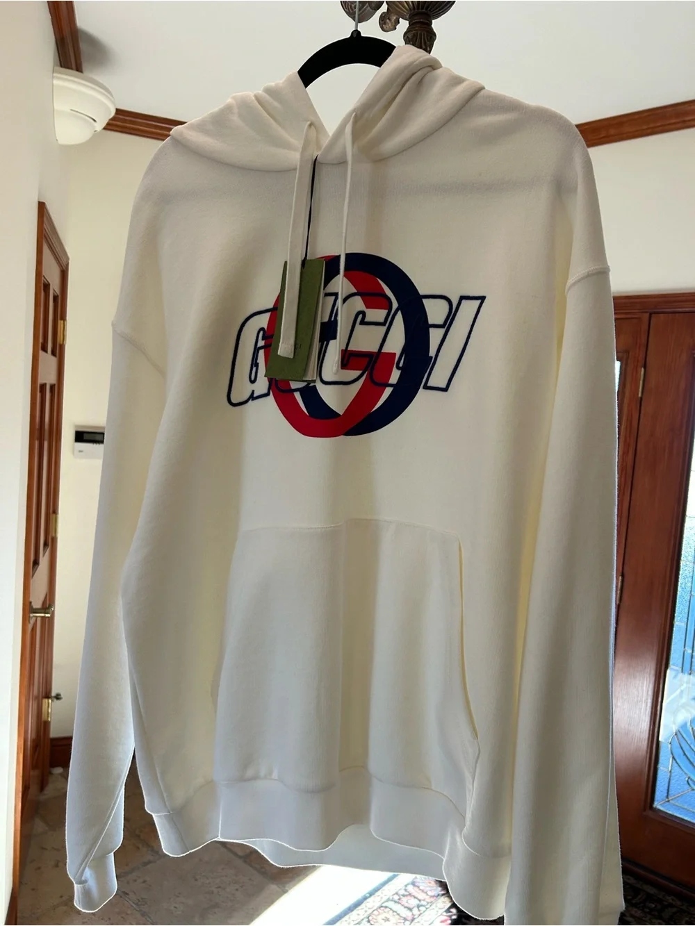 Men's Gucci jersey, cotton hoodie, locking G graphic logo size large made Italy